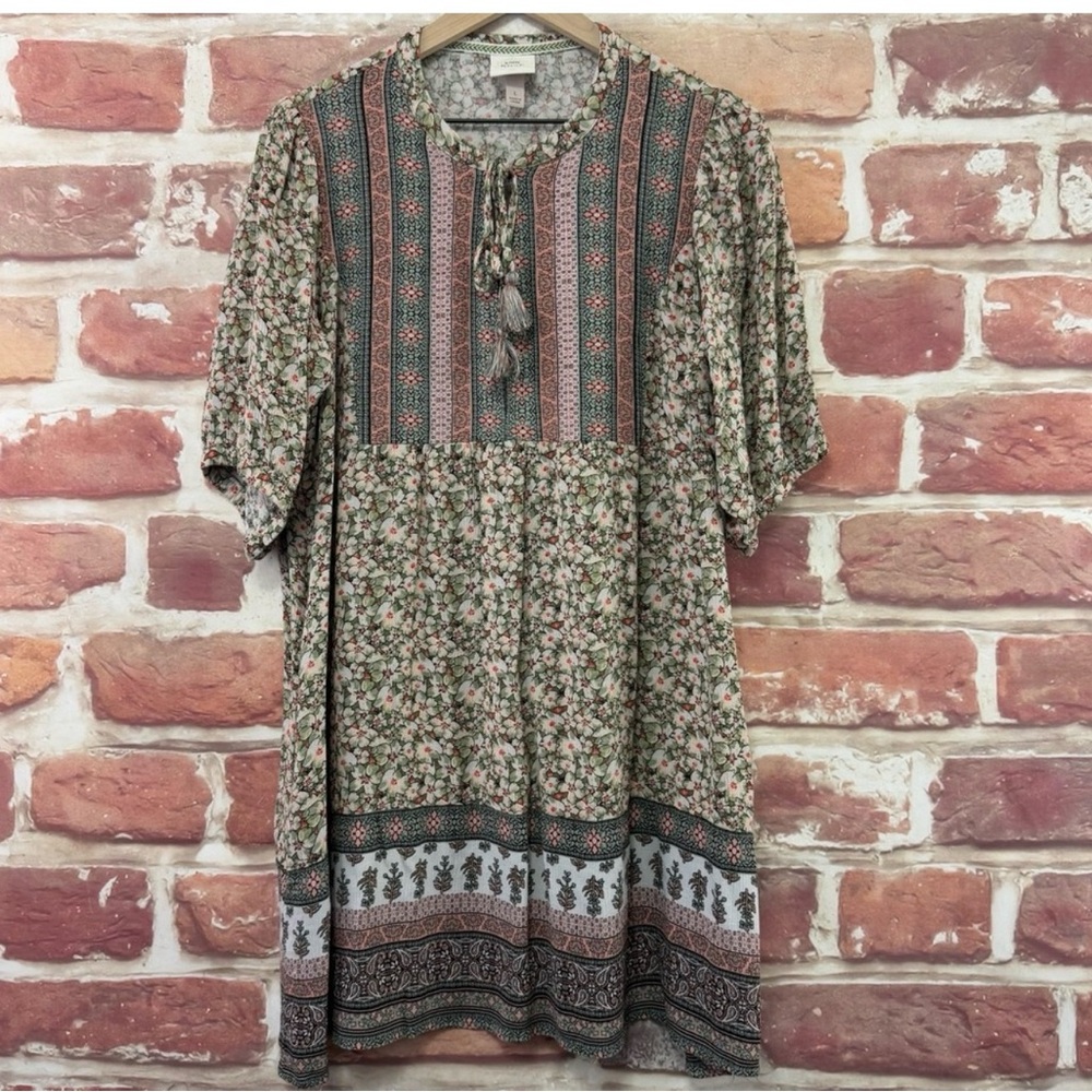 Knox Rose Dress Womens Large Multicolor Boho Ditsy Floral Crinkle Peasant Casual